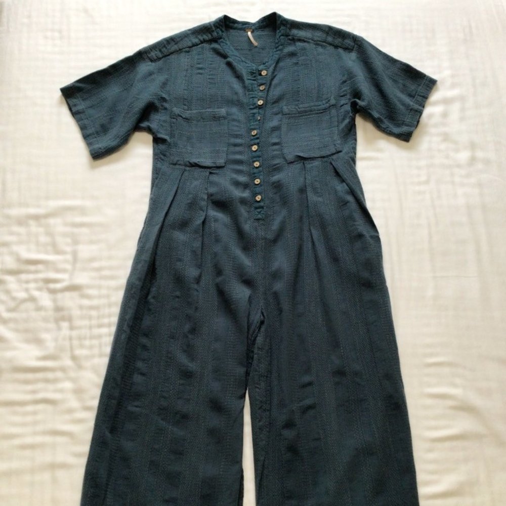 Free People Textured Button-up Short-sleeve Jumpsuit Teal Sz XS